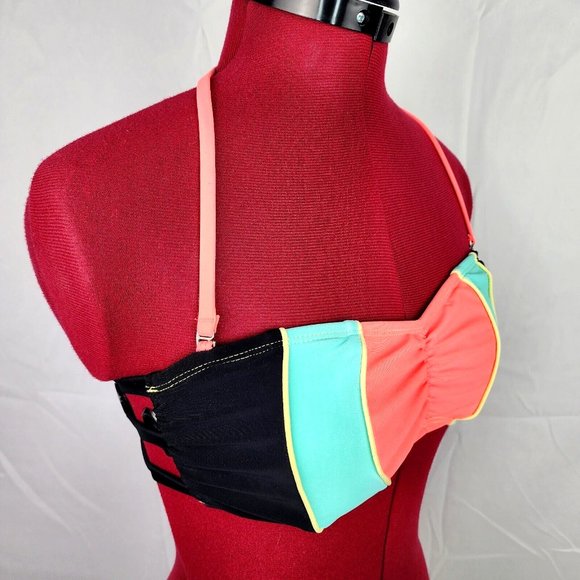 Hobie Brand Pink Blue & Black Removable Halter Bikini Top w/ Zipper - M - NWOT - Picture 3 of 7